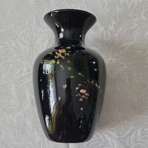 VTG. Black Amethyst Vase With Painted Flowers.